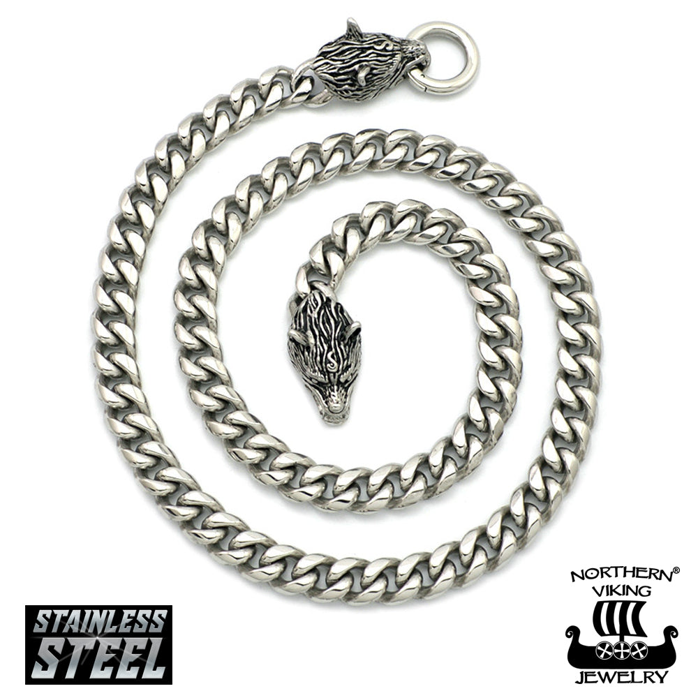 Northern Viking Jewelry® Curb Chain 10 mm Necklace + Fenrir Wolf Head