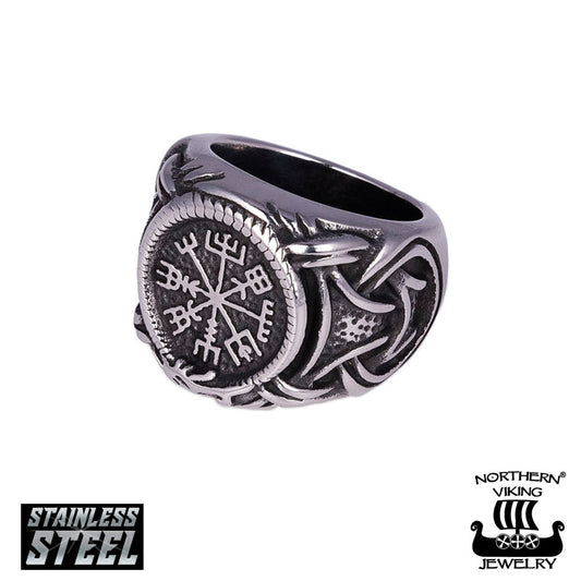 Northern Viking Jewelry®-Ring „Vegvisir mit Jormungandr“